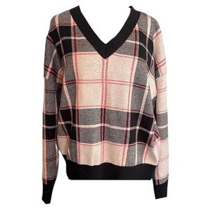 TAHARI Beige Black Plaid V Neck Sweater